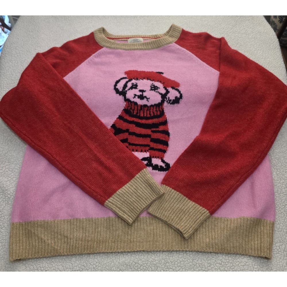Womem Dog Graphic Sweater Pink Red Raglan Knit Colorblock Pet Cute Warm Cozy XL